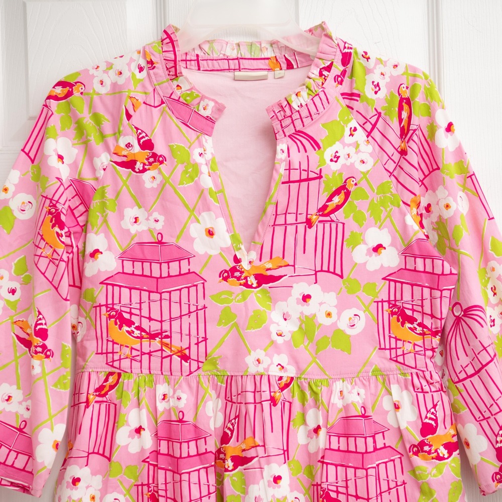 Spartina Dress Sz S Pink Birdcage Print Whimsical Southern CottageCore Tea Party - Picture 2 of 5